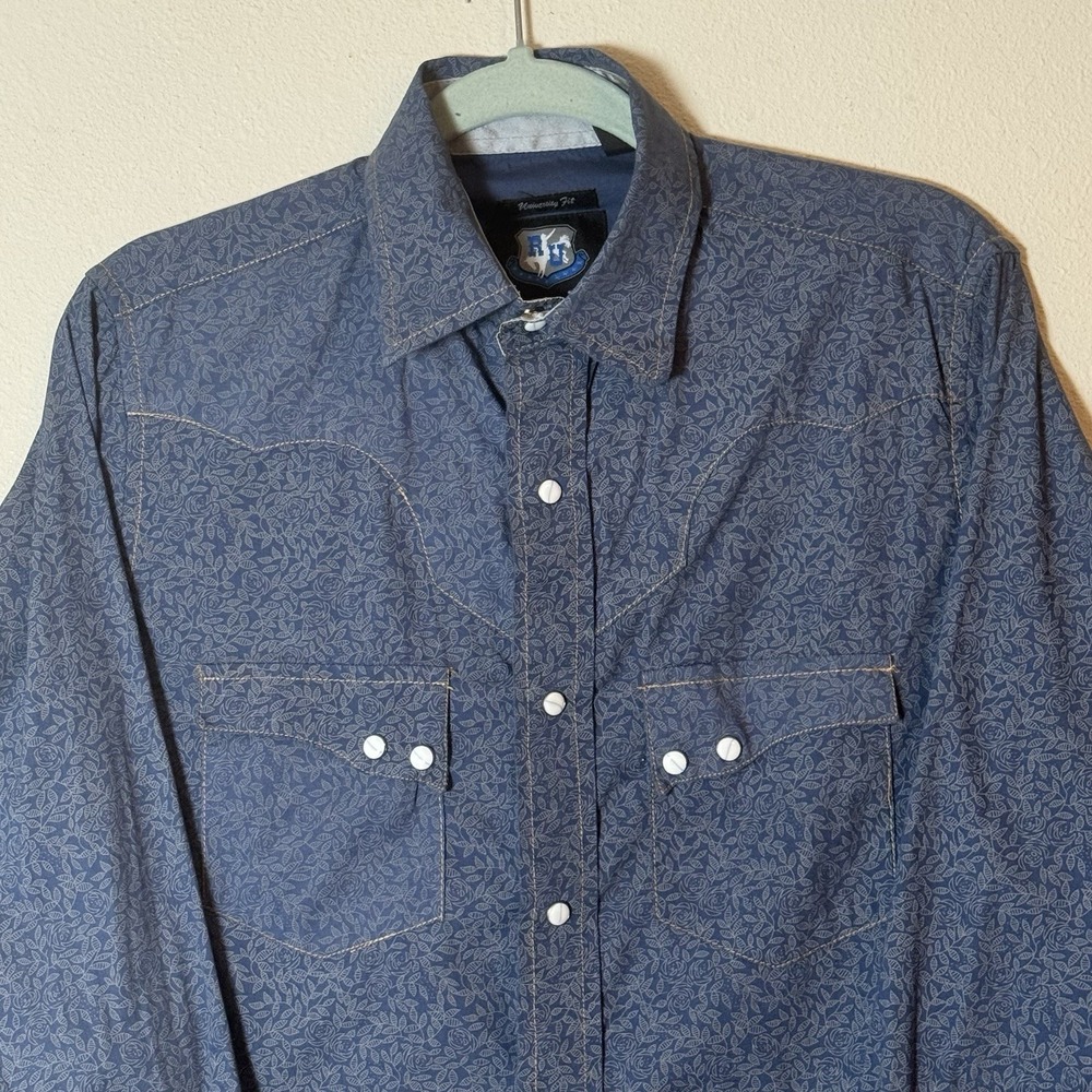 Resistol University Fit Western Snap Shirt Mens Small Blue Floral Pearl Snap